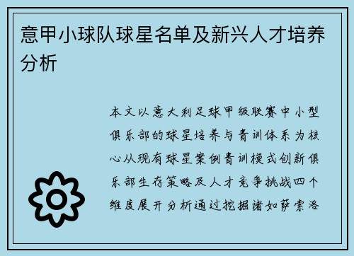 意甲小球队球星名单及新兴人才培养分析
